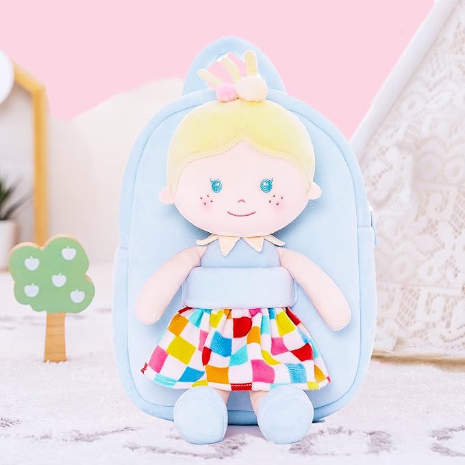 Onetoo Toddler Kids Backpack with Soft Baby Dolls in Plaid 9.5"