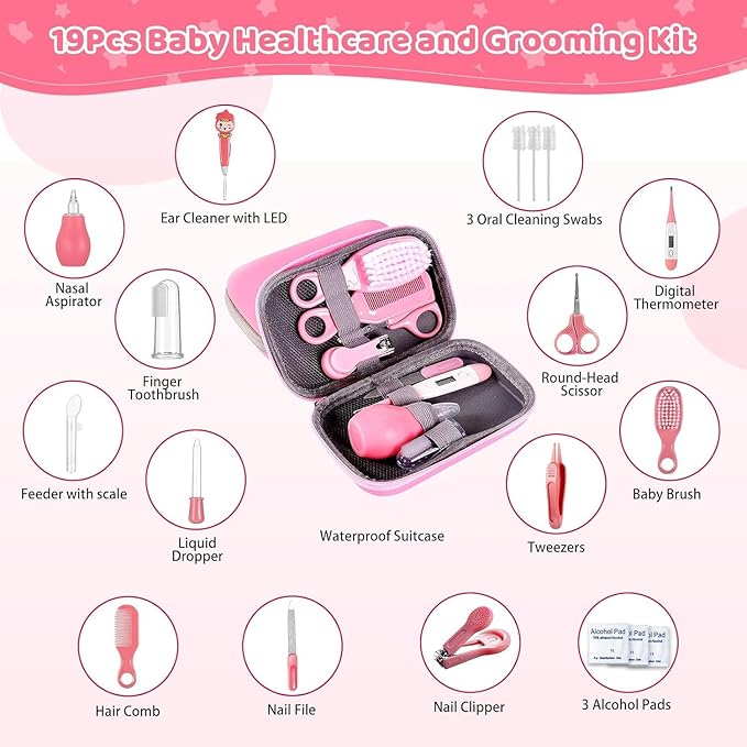 Baby Grooming Kit, 19 in 1 Baby Healthcare and Grooming Kit Newborn Nursery Health Care and Baby Nail Trimmer and Cleaner Essentials Set for Newborn Boys Girls (Pink)