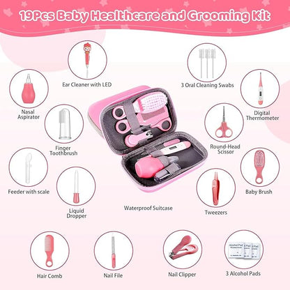 Baby Grooming Kit, 19 in 1 Baby Healthcare and Grooming Kit Newborn Nursery Health Care and Baby Nail Trimmer and Cleaner Essentials Set for Newborn Boys Girls (Pink)