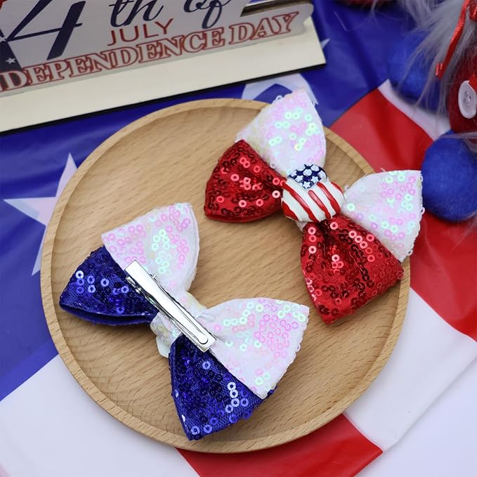 4th of July Baby Girls Hair Bows Clips Glitter Red 2Pcs