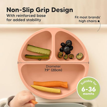 KeaBabies Suction Plates for Baby, Toddler - 3-Pack 100% Silicone Toddler Plates, Divided Baby Plates with Suction, Silicone Plates for Baby, Kids, BPA-Free, Microwave, Dishwasher Safe (Roseate)
