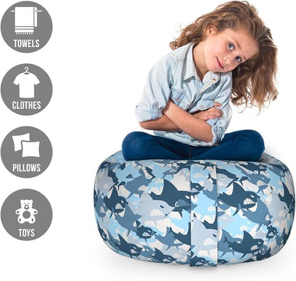 Lunarable Sea Animals Storage Toy Bag Chair, Camouflage Pattern with Aggressive Shark Fishes Scary Marine Predators, Stuffed Animal Organizer Washable Bag, Small Size, Blue Grey