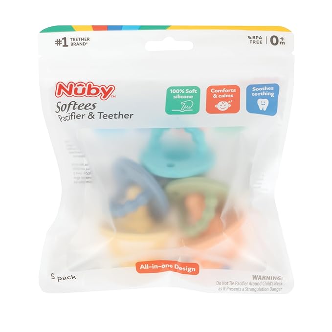 Nuby Silicone Softees Pacifier and Teethers - (5-Pack) Silicone Baby Pacifiers and Teethers 0+ Months