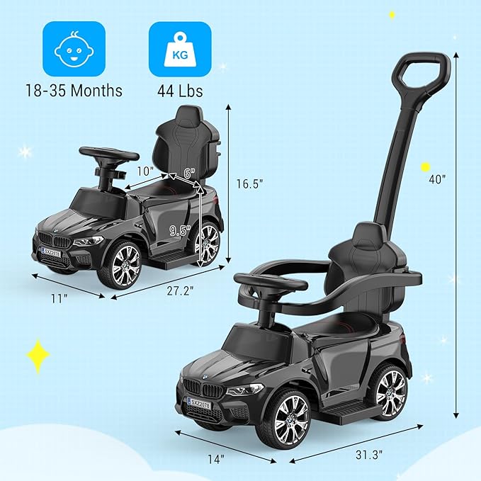 Hetoy Push Cars for Toddlers 1-3 Boys Girls，4-in-1 Ride On Cars Licensed BMW with Horn, Music