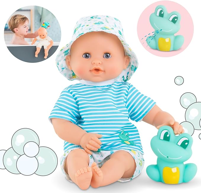 Corolle Bebe Bath Marin Baby Doll - 12" Soft-Body with Rubber Frog Toy, Safe for Water Play in Bathtub or Pool 18 Months
