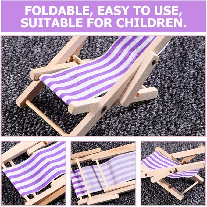 STOBOK Beach Accessories 3 Pcs Miniature Beach Chair Foldable Wooden Beach Chair Mini Lounge Chair Model Stripe Sunbath Chair and Desk Set Adorn for Kids Adults (Purple) Tiny Home