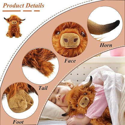 Highland Cow Stuffed Animals,Cute Fluffy Stuff Cow Plush Realistic Scottish Cattle Animals Toys Birthday Festival Presents for Girls Audults Kids Boys Toddler (Brown Cows 10.6 inch)
