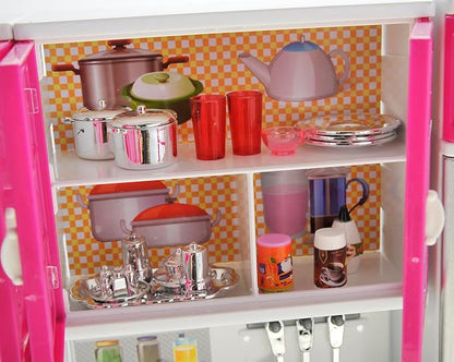 PowerTRC Doll Kitchen Play Set, Mini Modern Toy Kitchen Pretend Play Furnitures Toy Set Accessories Set with Realistic Light & Sound for Kids Toddlers Girls (3-in-1)