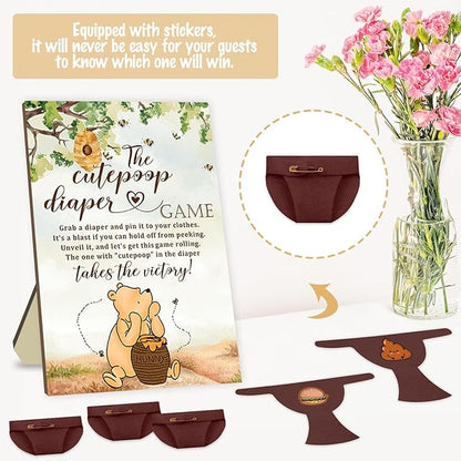 Winnie Baby Shower Games Set - Winnie Wooden Baby Shower Sign with 50 Pcs Mini Felt Diapers Brown, The Cutepoop Diaper Baby Shower Game