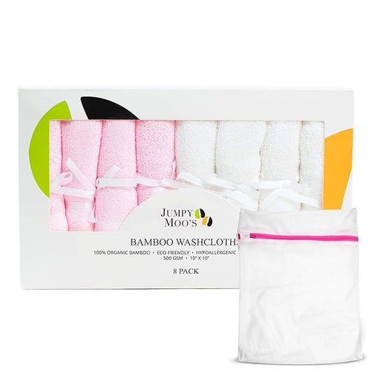 Jumpy Moo's Baby Washcloths, Rayon from Bamboo - Bath Face Towel 2 Layer 10x10 inches (8 Pack)