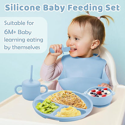 Silicone Baby Feeding Set, Baby Led Weaning Supplies, Eating Essentials Utensils with Suction Plate and Bowl, Pocket Bib, Sippy Cup with Lid, Forks Spoons Snack Container, for 6+ Months, Blue