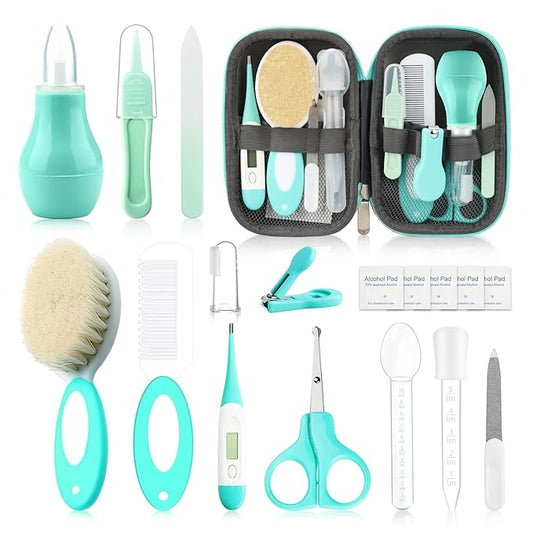 Baby Healthcare and Grooming Kit with Nail Clippers, Scissors (18 in 1, Green)