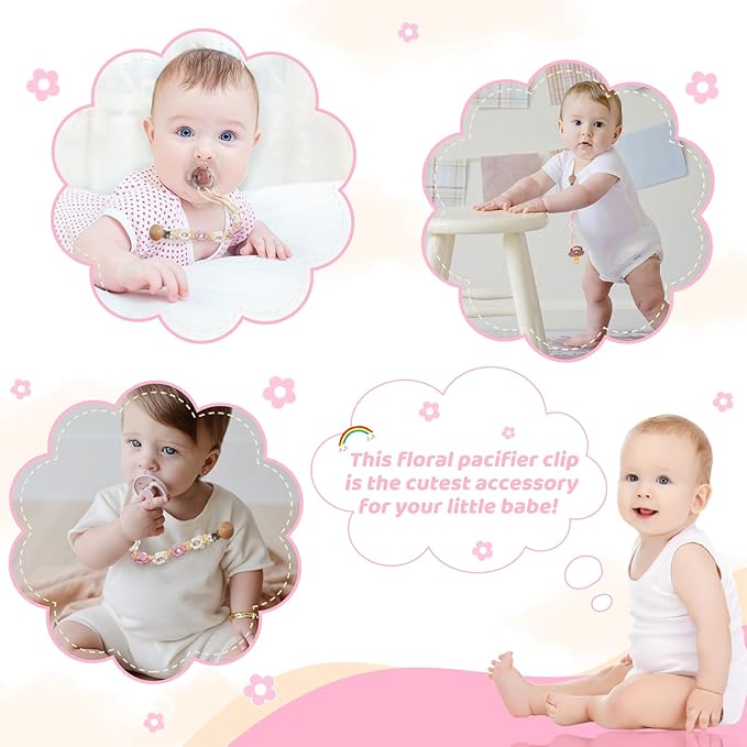 Pacifier Clip for Boys Girls Floral Daisy Macrame Baby Paci (2pack:Pink Daisy 2)