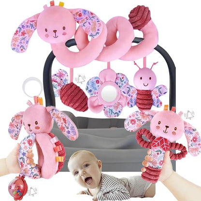 Baby Spiral Car Seat Toys for Babies 0-6 Months Girl Boy, Stroller Hanging Rattles, Infant Stuffed Animals Carseat Activity Toy 3-6-12 Months, Newborn Shower Gifts Mirror, Crinkle, Bunny 3PCS