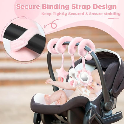 Spiral Car Seat & Stroller Activity Toy, Crib Hanging Rattles Toys for Ages 0-12 Months, Mirror, Textured Ribbons, Squeaky Carseat Stroller Toys, Newborn Baby Girl Gifts