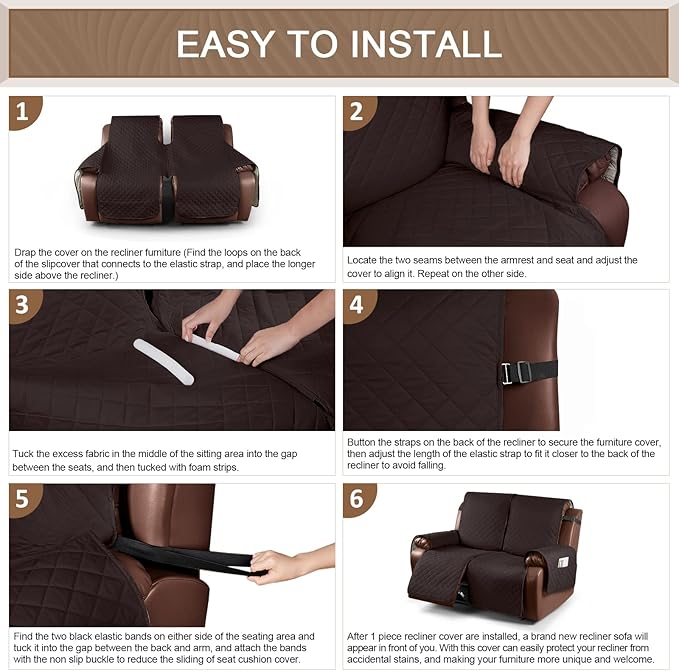 KinCam Waterproof Loveseat Recliner Cover, Non-Slip Reclining Couch Covers for 2 Seat, Recliner Sofa Cover Furniture Protector with Elastic Straps for Kids, Pets, Chocolate