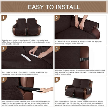 KinCam Waterproof Loveseat Recliner Cover, Non-Slip Reclining Couch Covers for 2 Seat, Recliner Sofa Cover Furniture Protector with Elastic Straps for Kids, Pets, Chocolate