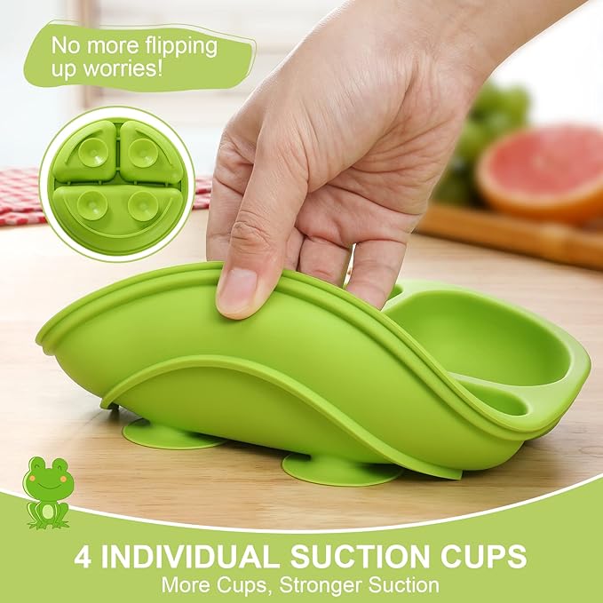 VITEVER 4 Pack Suction Plates with Lids for Baby & Toddler, 100% Food-Grade Silicone, Divided Design, Microwave & Dishwasher Safe