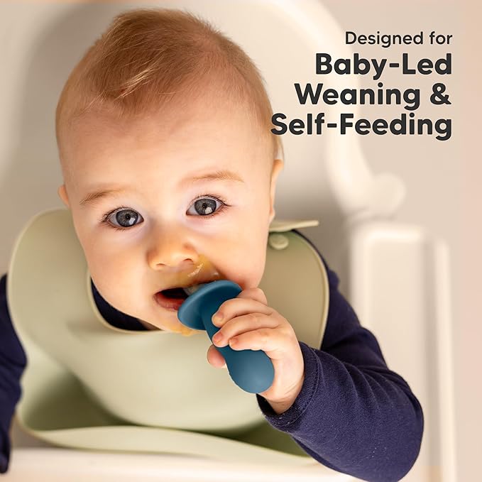 KeaBabies 4-Pack Silicone Baby Spoons and Forks Set - Baby Spoon Self Feeding, BLW Baby Utensils 6-12 Months,Baby Led Weaning Feeding Spoon,Teething Infant Baby First Food Training Pre Spoon (Valiant)