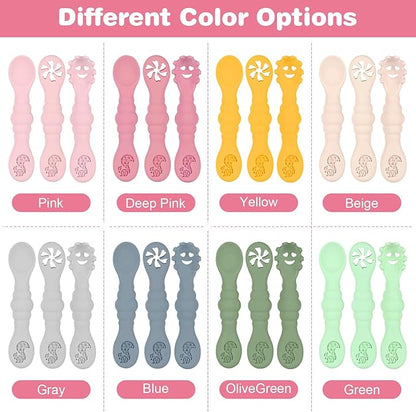 Silicone Baby Spoons Self Feeding 6+ Months 3PCS Toddler Forks and Spoons Utensils Baby Led Weaning Teething Spoon Infant Spoons First Stage Newborn Baby Essentials Baby Gifts Pink