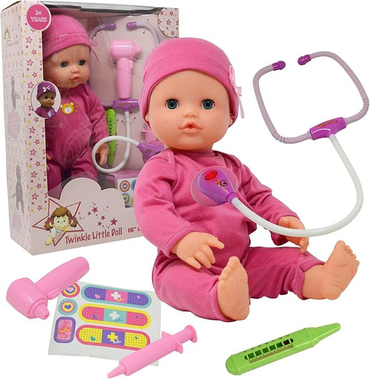 Interactive 16” Baby Doll Toy Doctor Kit with Light Up Heartbeat Sound Stethoscope, Pretend Role Play Accessories Set - Medical Checkup Playset Gift Pack for Kids (16 Inch)