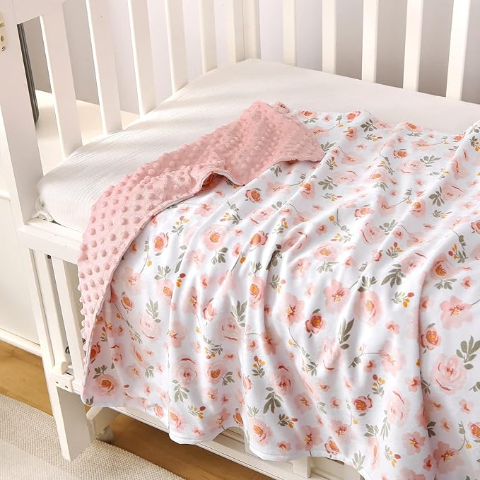 DaysU Silky Micro Soft Plush Baby Blankets for Girls with Print Floral Pattern and Soothing Raised Dots, Double Layer Bed Throws for Baby Crib 30x40 Inches