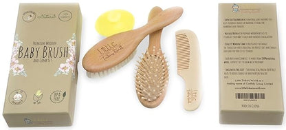 Wooden Hair Brush and Comb Set (4-Piece) for Newborns and Toddlers | Ideal for Cradle Cap | Massage and Scalp Bristles | Perfect Baby Registry Gift