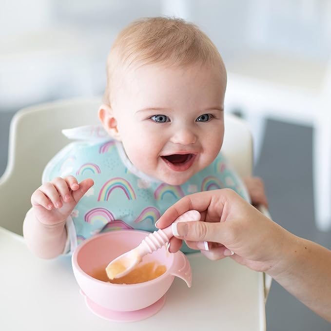 Bumkins Baby Bowl, Silicone Feeding Set with Suction for Baby and Toddler, Includes 4 Spoons and Lid, First Feeding Set, Training Essentials for Baby Led Weaning for Babies 4 Months Up, Pink