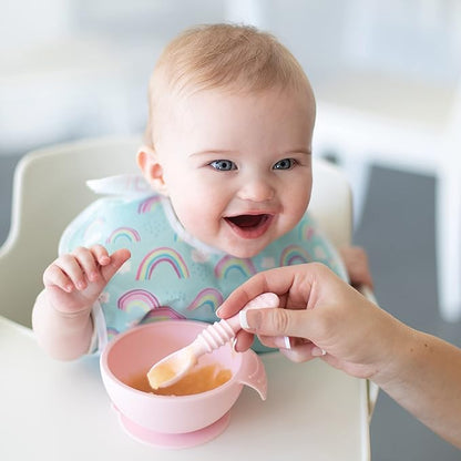Bumkins Baby Bowl, Silicone Feeding Set with Suction for Baby and Toddler, Includes 4 Spoons and Lid, First Feeding Set, Training Essentials for Baby Led Weaning for Babies 4 Months Up, Pink