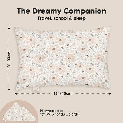 Toddler Pillow with Pillowcase - 13x18 My Little Dreamy Pillow, Organic Cotton Toddler Pillows for Sleeping, Kids Pillow, Travel Pillows, Mini Pillow, Nursery Pillow, Toddler Bed Pillow (Flora Vale)