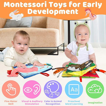 2PCS Baby Books - Montessori Toys Cute Animal Theme Baby Cloth Books 6 to 12 Months, Soft Stuffed High Contrast Crinkle Infant Sensory Toys