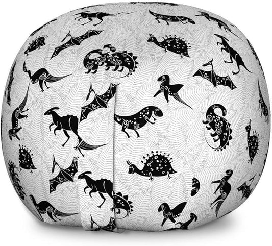 Lunarable Dinosaur Silhouette Storage Toy Bag Chair, Abstract Design Prehistoric Jurassic Animal on Leaves, Stuffed Animal Organizer Washable Bag, Large Size, Charcoal Grey