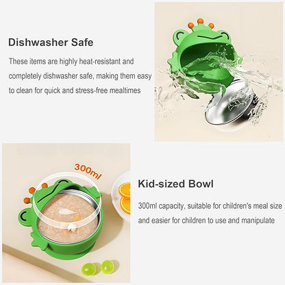 Suction Bowls Set for Baby Feeding，Yellow Duck Silicone Suction Baby Bowl and Food-Grade 304 Stainless Steel Bowl with Fork and Spoon,Dishwasher Safe