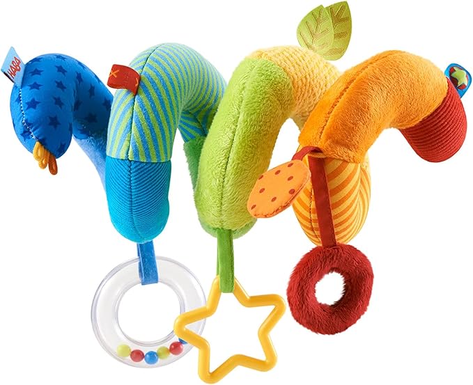 HABA Rainbow Activity Spiral Car Seat Toy and Stroller Toys for Baby 0-6 Months - Colorful Baby Travel Toy with Rattle Teething Element and Sensory Activities