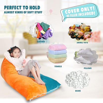 LOLOMLO Stuffed Animal Storage Bean Bag Chair Cover, Velvet Turquoise Orange Plush Toy Storage Stuff and Sit Seat for Kids/Teens/Adults, 52" x 31" Extra Large Triangle Sofa, 200L/52Gal, Cover Only