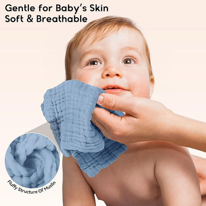 Muslin Baby Washcloths 6 Pack, 100% Cotton Wash Cloths for Babies, Large 12''X12'' Burp Cloths Absorbent and Soft for Newborn Infants Kids Boys Girls - Sapphire Blue