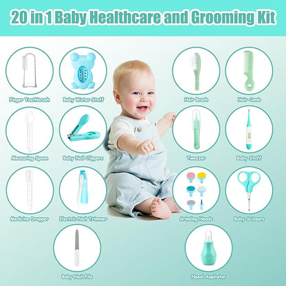 Baby Healthcare and Grooming Kit, 20 in 1 Portable Baby Safety Care Set with Hair Brush Comb Nasal Aspirator Electric Nail Trimmer Set Baby Essentials kit for Newborn Boys Girls (Green 20 in 1)