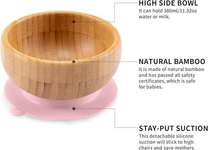 Toddler Bamboo Plates, Bowls and Spoon Set, Wooden Feeding Utensils for Infant’s Easy Self Eating at 1 Stage, Stay Put Silicone Suction Plate and Bowl and Soup Spoon for Baby Led Weaning