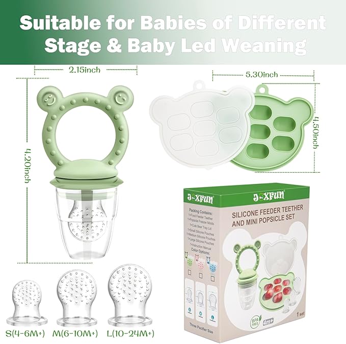 JEXFUN Silicone Baby Fruit Food Feeder Pacifier & Breastmilk Popsicle Freezer Molds for Cooling Relief, Silicone Feeder to Safely Introduce New Foods 4 Month+