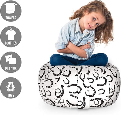 Lunarable Horseshoe Storage Toy Bag Chair, Irregularly Sized with Polka Dots and Symbolic Curves and West Themed, Stuffed Animal Organizer Washable Bag, Small Size, White and Black