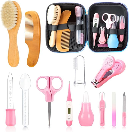 Baby Grooming Kit, Infant Safety Care Set with Hair Brush Comb Nail Clipper Nasal Aspirator,Baby Essentials Kit for Newborn Girls Boys(13 Pc Pink Kit)