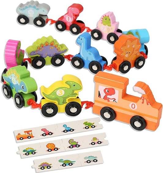 HOMEE Toddler Dinosaur Train Set with Number 0-10, 11 Pieces Kids Wooden Dino Train Toys with Puzzles 3 4 5 Year