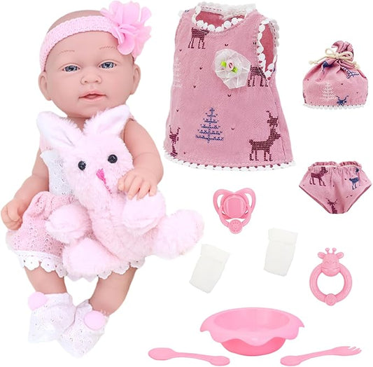 UNICORN ELEMENT 12 Inch Baby Doll and Doll Clothes Accessories, Reborn 12" Realistic Vinyl Girl Doll Playsets Including Toy Rabbits 3+