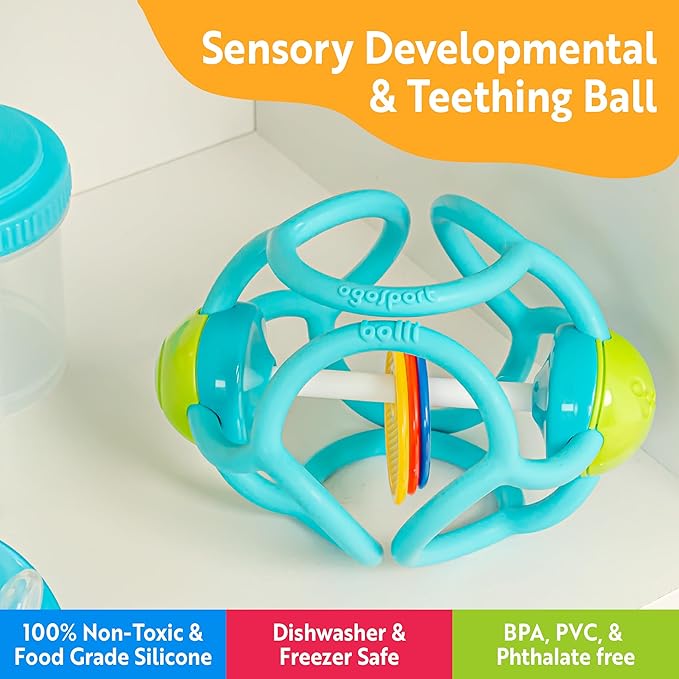 OgoBolli Teether Ring Tactile Sensory Ball and Baby Rattle Toy for Babies & Toddlers - Stretchy, Squishy 6+ Months