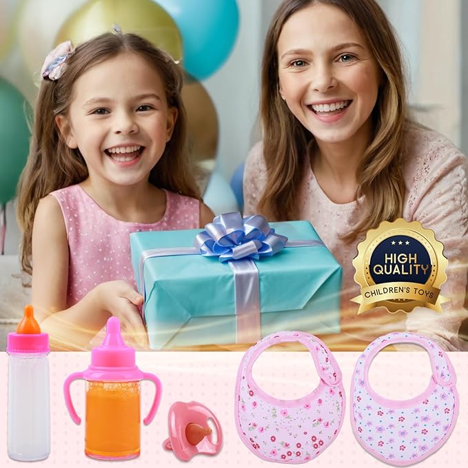 5 Pcs Baby Doll Accessories Doll Feeding Set | Disappearing Magic Milk & Juice Bottles, Pacifier 2 Bibs