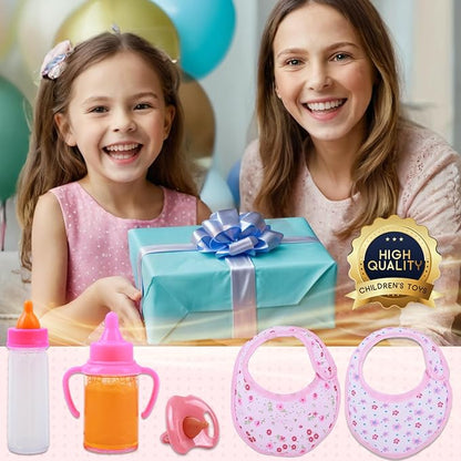 5 Pcs Baby Doll Accessories Doll Feeding Set | Disappearing Magic Milk & Juice Bottles, Pacifier 2 Bibs