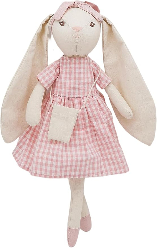15" Bunny Stuffed Animal for Girls, Plush Toy Doll -Wearing Pink Plaid Dress 3 4 5 Year