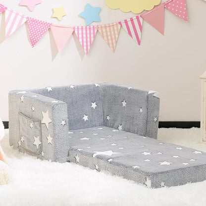 ALIMORDEN 2-in-1 Flip Out Cuddly Sherpa Toddler Couch, Convertible Sofa to Lounger, Star