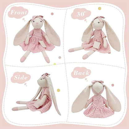 15" Bunny Stuffed Animal for Girls, Plush Toy Doll -Wearing Pink Plaid Dress 3 4 5 Year