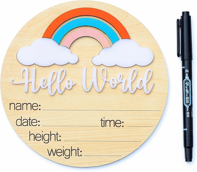 Wooden Baby Announcement Sign, Hello World Rainbow 1 Piece, 3 Customizable 3D Dimensional,